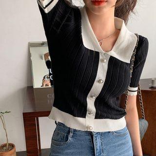Contrast-collar Faux-pearl Knit Crop Top