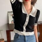 Contrast-collar Faux-pearl Knit Crop Top