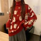 Long-sleeve High-neck Christmas Printed Knit Sweater Red - One Size