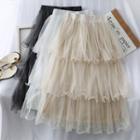 Layered Ruffled-trim Mesh A-line Skirt