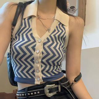 Halter-neck Patterned Polo Knit Top Blue - One Size
