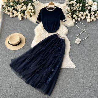 Set: Short-sleeve Contrast Trim Knit Top + Mesh Midi A-line Skirt