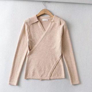 V-neck Collared Asymmetrical Knit Top