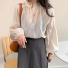 Lantern-sleeve Stand Collar Blouse Milky White - One Size
