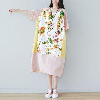 Flower Print Oversize Elbow-sleeve Shift Dress