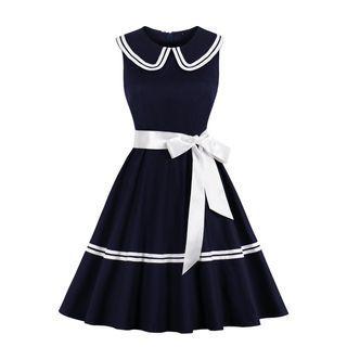 Sleeveless Collared Bow Accent A-line Dress