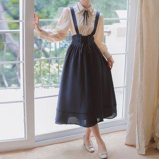 Set: Puff-sleeve Shirt + Lace-up Striped Midi Overall Dress
