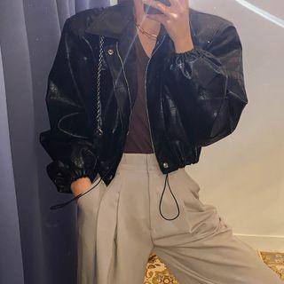 Puff-sleeve Pleather Cropped Jacket