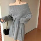 Plain Long Sweater With Grommet Sash