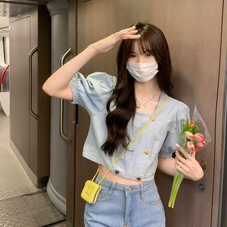Puff-sleeve Double-breasted Denim Blouse Light Blue - One Size