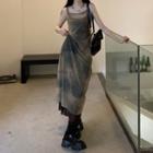 Spaghetti Strap Printed Midi Sheath Dress / Plain Lightweight Cardigan
