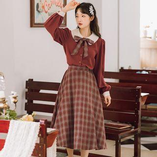Puff-sleeve Blouse / Plaid Midi A-line Skirt / Set