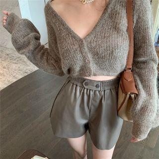 V-neck Knit Cardigan / Faux Leather Shorts