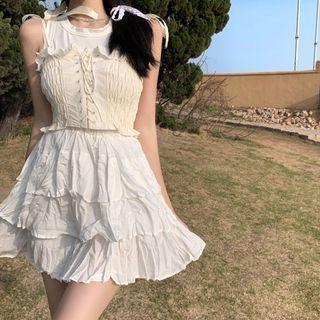 Plain Tank Top / Bow Lace-up Camisole / Tiered Mini Skirt