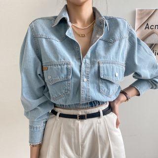 Band-hem Crop Denim Shirt Light Blue - One Size