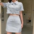 Short-sleeve Frayed Button-up Crop Top / Mini Skirt