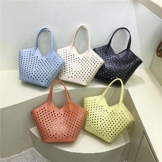 Set: Perforated Faux Leather Bucket Bag + Pouch