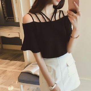 Plain Strappy Off Shoulder Elbow Sleeve Top