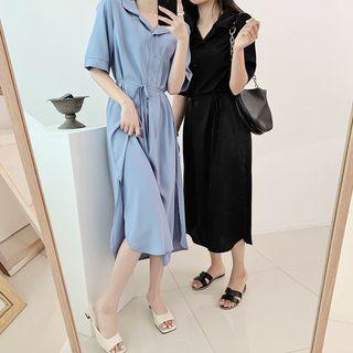 Notch-collar Long Shirtdress With Sash