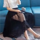Lace Trim Pleated Mesh Midi Skirt