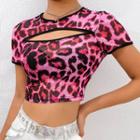 Short-sleeve Leopard Print Mesh Top