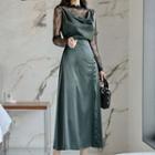 Long-sleeve Lace Top / Spaghetti Strap Slit Midi A-line Dress