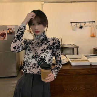 Long-sleeve Flower Print T-shirt Translucent Black - One Size