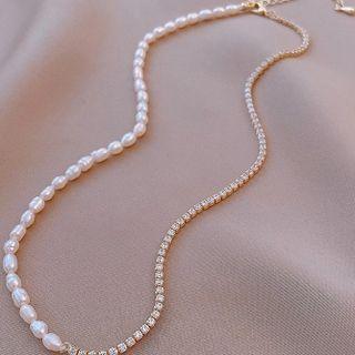 Freshwater Pearl Rhinestone Necklace 1pc - Gold & White - One Size