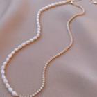 Freshwater Pearl Rhinestone Necklace 1pc - Gold & White - One Size