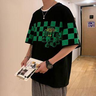 Elbow-sleeve Checkered Panel T-shirt