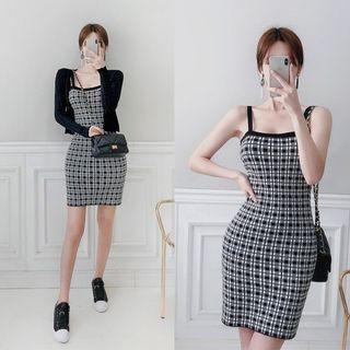 Set: Slim-fit Cropped Cardigan + Checked Pinafore Dress