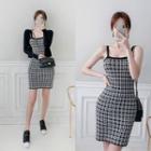 Set: Slim-fit Cropped Cardigan + Checked Pinafore Dress