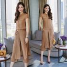 Set: Mandarin Collar Short-sleeve T-shirt + High Waist Cropped Pants