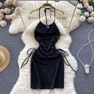 Sleeveless Halter Lace-up Strap Cutout Waist Dress