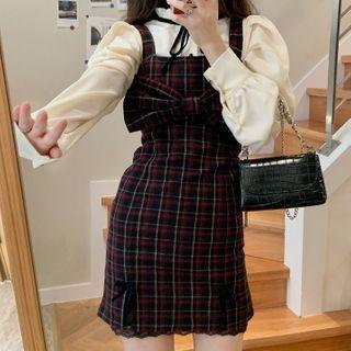 Ruffled Puff-sleeve Blouse / Plaid Overall Dress
