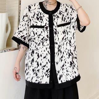 Elbow-sleeve Print Button-up Top