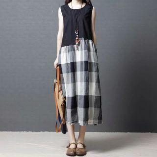 Check Panel Sleeveless A-line Midi Dress