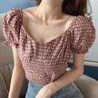 Balloon-sleeve Plaid Blouse Plaid - Red - One Size