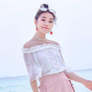 Frill Trim Off-shoulder Elbow-sleeve Chiffon Top