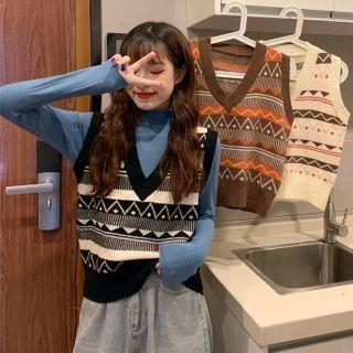 Mock-turtleneck Long-sleeve Top / Patterned Knit Vest