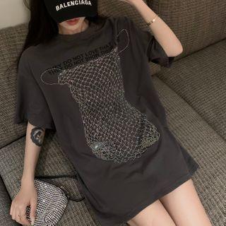Rhinestone Short-sleeve Oversize Top As Shown In Figure - One Size