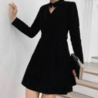 Long-sleeve Collared Cutout Velvet Mini A-line Dress