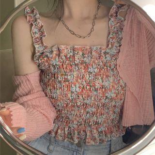 Flower Print Camisole Top / Ribbed Knit Cardigan