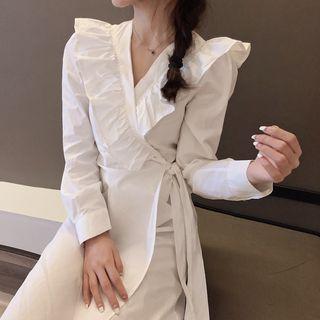 Long-sleeve Ruffle Trim Bow-accent Dress