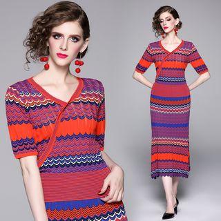 Set: Wavy Short-sleeve Knit Top + Wavy Midi Knit Skirt Tangerine Red - One Size
