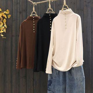 Long-sleeve Turtle-neck Button-detail T-shirt