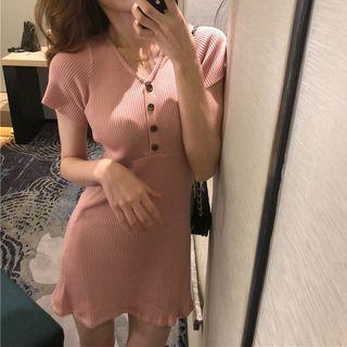 Short-sleeve V-neck Rib Knit Mini Dress
