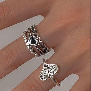 Heart Layered Sterling Silver Open Ring 1pc - T512 - Black & Silver - One Size