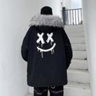 Furry Trim Hooded Smiley Face Print Jacket