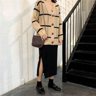 V-neck Check Cardigan / Spaghetti-strap Dress
